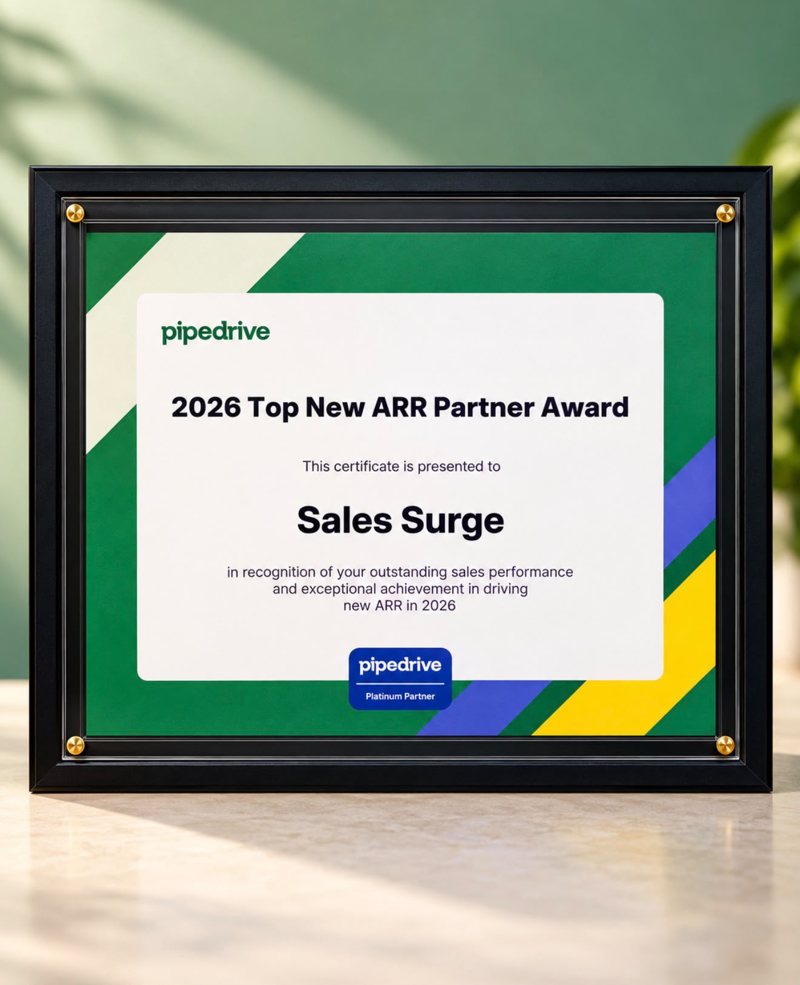 Ingelijst certificaat van Pipedrive: 2026 Top New ARR Partner Award, uitgereikt aan Sales Surge