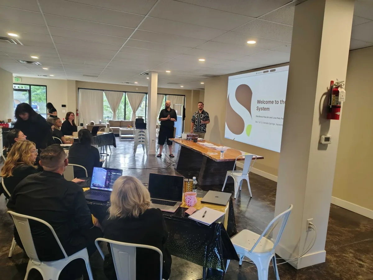 Sales Surge geeft training aan het team van Vita Brevis Fine Art in een zaal met laptops