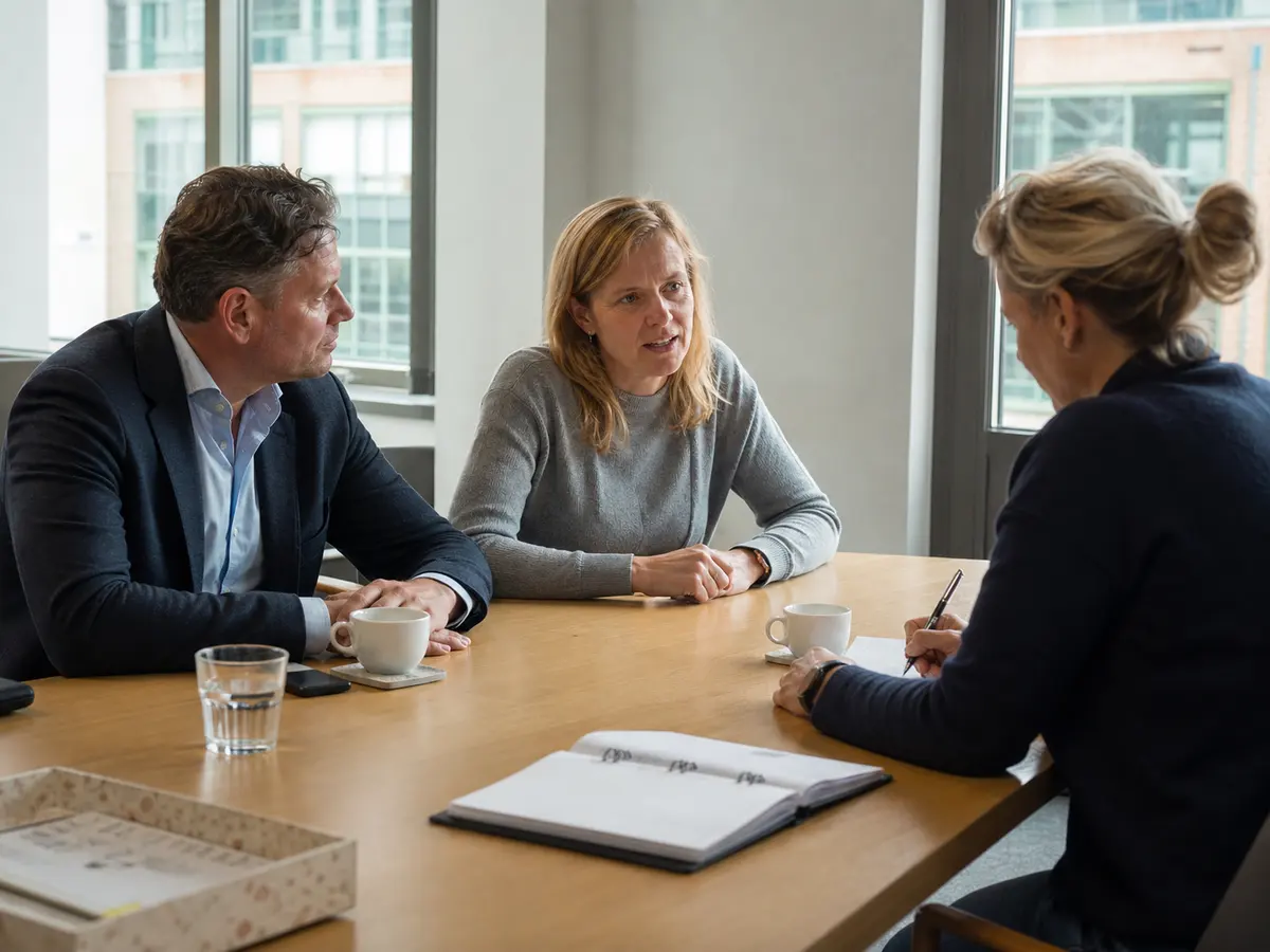 Drie mensen zitten aan een tafel in een kennismakingsgesprek. Een van hen luistert en maakt een aantekening.